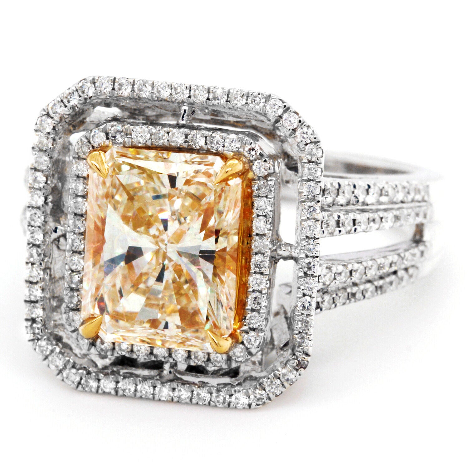 3.65ct Fancy Yellow Diamond Halo ring Radiant Cut Diamond Engagement Ring